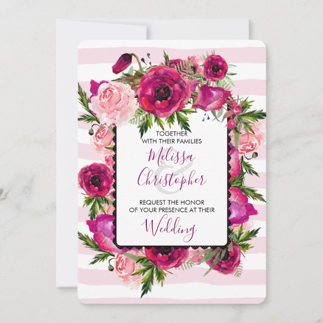 Pink Rose & Poppy Bouquet Wedding Einladung (Vorderseite)