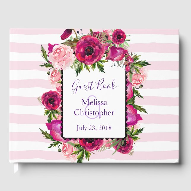 Pink Rose & Poppy Bouquet Wedding Gästebuch (Vorderseite)