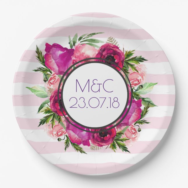 Pink Rose & Poppy Bouquet Wedding Pappteller (Vorderseite)