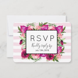 Pink Rose & Poppy Bouquet Wedding RSVP Karte