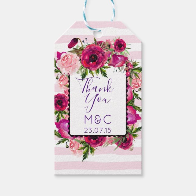 Pink Rose & Poppy Floral Bouquet Wedding Thanks Geschenkanhänger (Vorderseite)