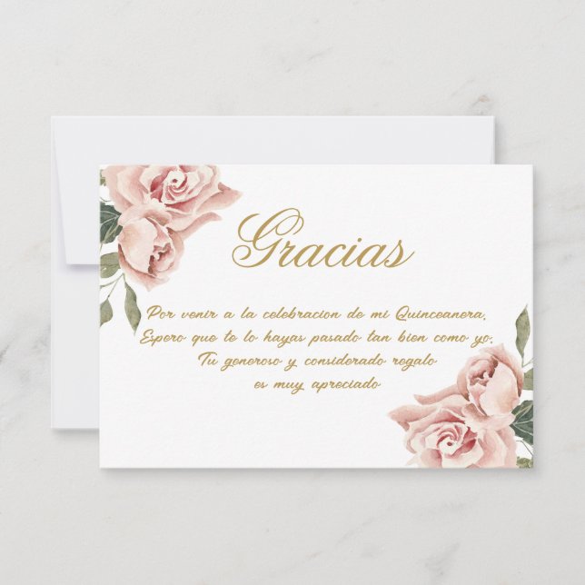 Pink Rose Quinceañera Danke Karte (Vorderseite)