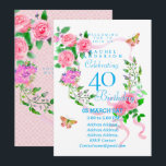 Pink Rose Ribbon 40th  Birthday Invitation Einladung<br><div class="desc">Lovely and elegant rose with butterfly.  You can changes the texts to your choice.
Suitabe for 40th,  50 th,  60th,  70th etc.</div>