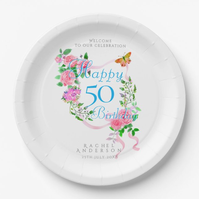 Pink Rose Ribbon 50th Birthday Pappteller (Vorderseite)