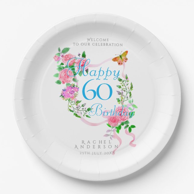 Pink Rose Ribbon 60th Birthday Pappteller (Vorderseite)