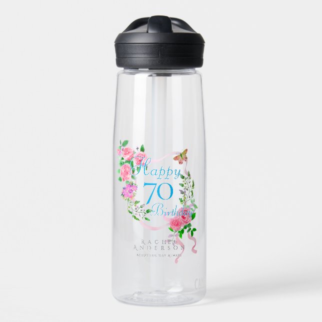 Pink Rose Ribbon 70th Birthday Trinkflasche (Vorne)