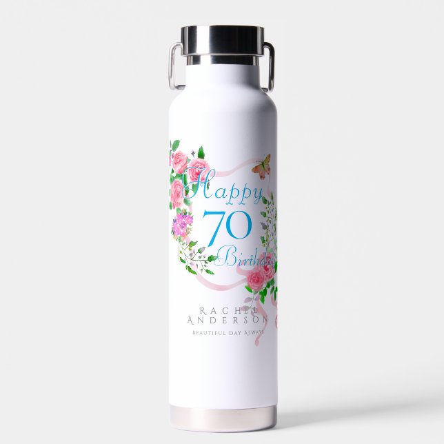 Pink Rose Ribbon 70th Birthday Trinkflasche (Vorne)