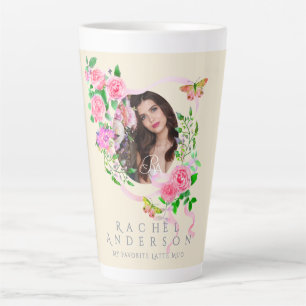 Pink Rose Ribbon Chic Foto Beige Latte Tasse