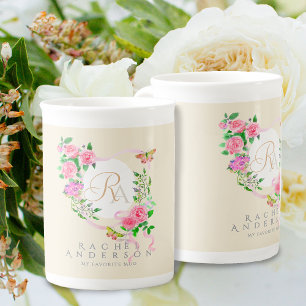 Pink Rose Ribbon Chic Monogram Beige Prozellantasse