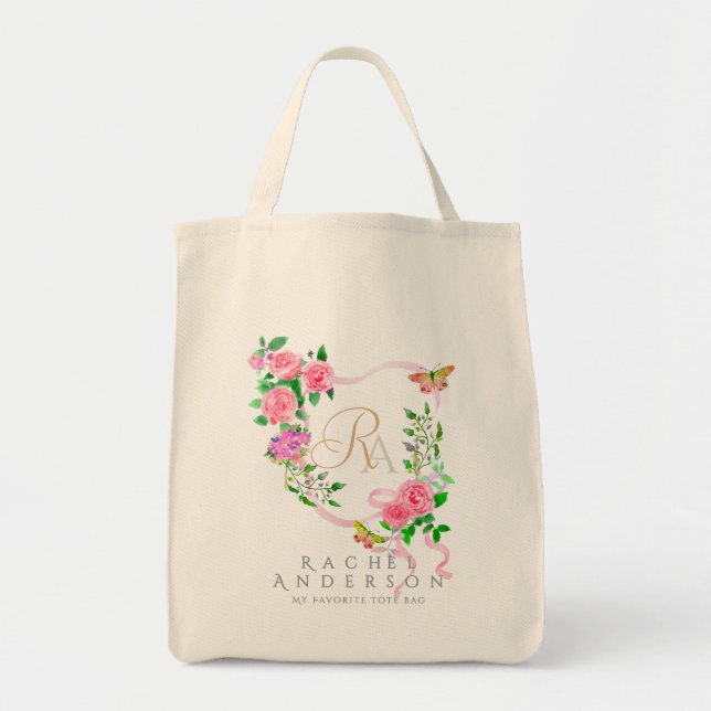 Pink Rose Ribbon Chic Monogram Beige Tragetasche (Vorne)