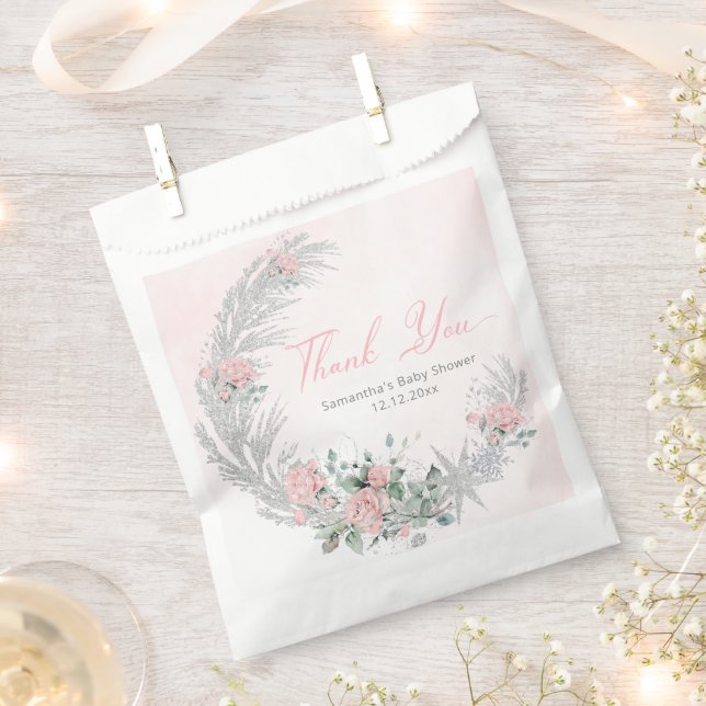 Pink Rose Silver Winter Thank you Geschenktütchen (Ausgeschnitten)