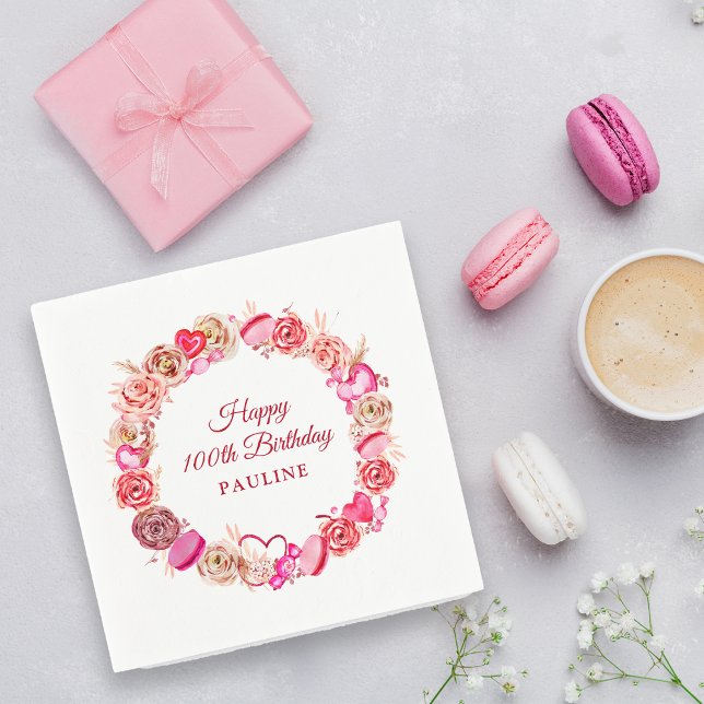 Pink Rose Swirly Heart Valentine's 100th Birthday Serviette (Von Creator hochgeladen)