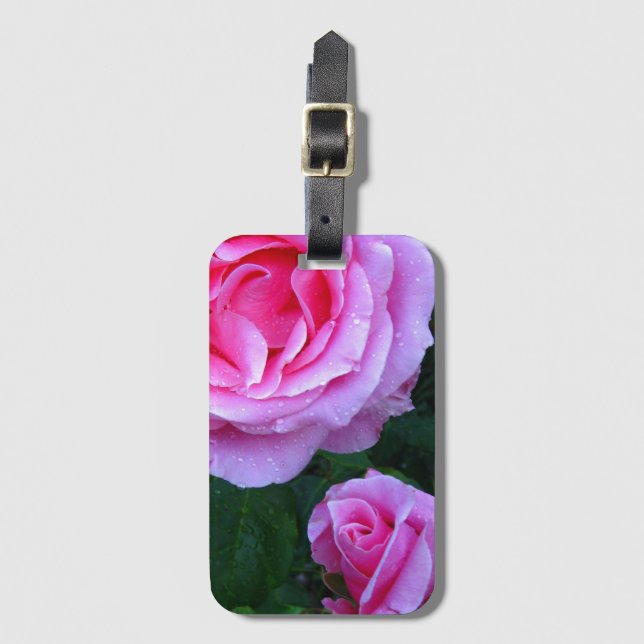 Pink Rose und Bug Gepäckanhänger mit Lederband (Vorderseite Vertikal)