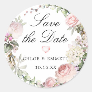 Pink Rose White Hydrangea Save the Date Runder Aufkleber