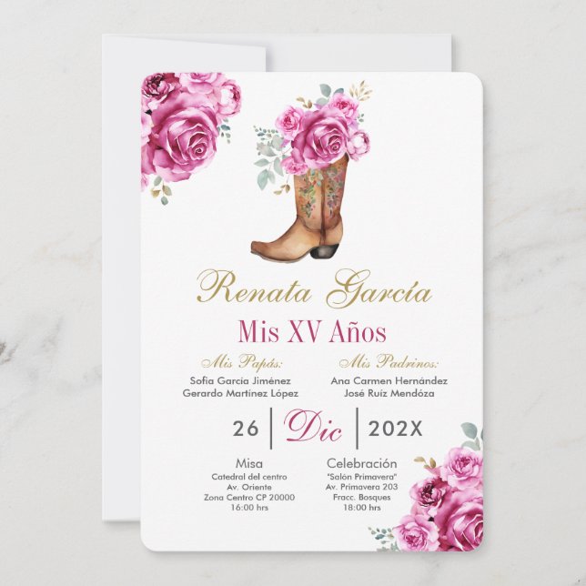 Pink rose with boot Quinceañera Invitation Einladung (Vorderseite)