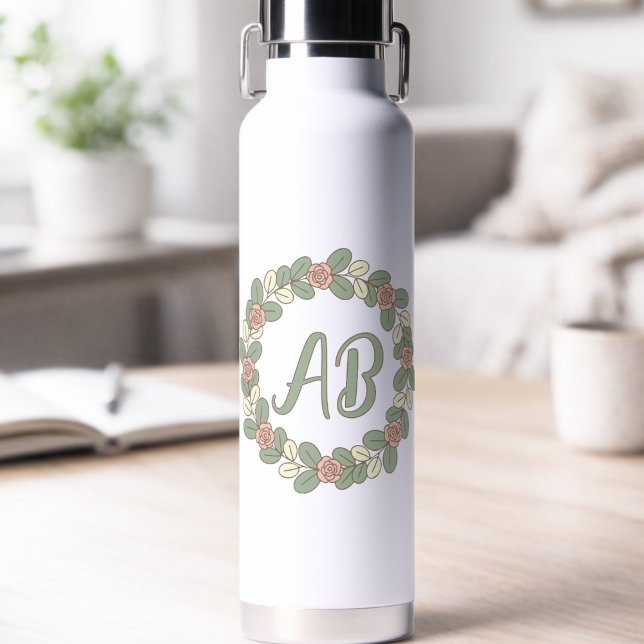 Pink Rose Wreath Monogram Water Bottle Trinkflasche (Plain yet pretty with custom initials will go well with the elegantly feminine woman out there.)