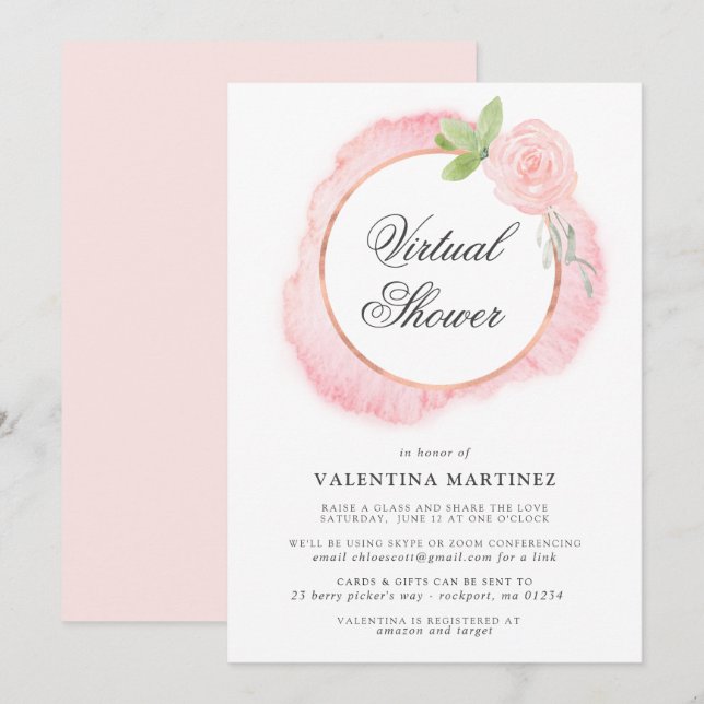 Pink Rose Wreath Virtual Bridal Baby Dusche Einladung (Vorne/Hinten)