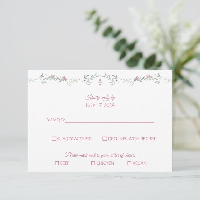 Pink Rosebuds Greenery Monogram RSVP Response Card (Debout devant)