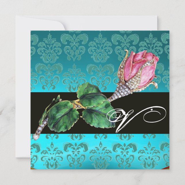 PINK ROSENKNOSPE DIAMOND JEWEL , BLUE DAMASK MONOG EINLADUNG (Vorderseite)