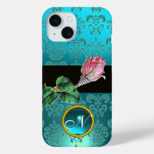 PINK ROSENKNOSPE JEWEL, BLUE AQUAMARIN DAMASK GEM iPhone 15 HÜLLE