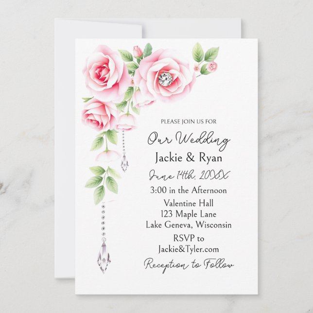 Pink Roses and Diamonds Floral Wedding  Einladung (Vorderseite)