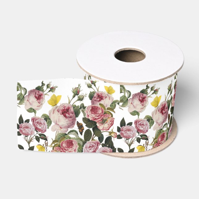 PINK ROSES AND YELLOW BUTTERFLIES White Floral Ripsband (Spule)