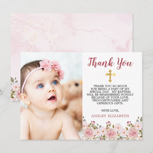 Pink Roses Aquarell Blumentaufe Vielen Dank Dankeskarte (Vorne/Hinten)
