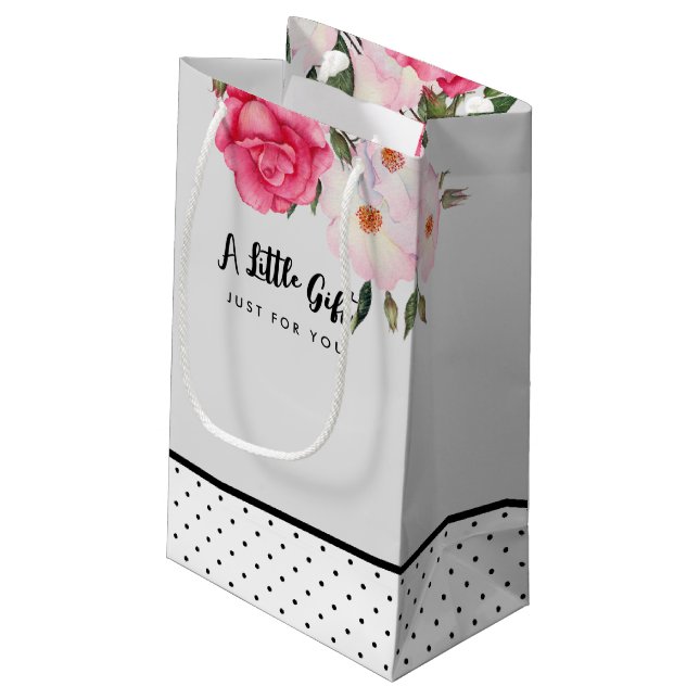 Pink Roses Aquarellbild Polka Dot Kleine Geschenktüte (Rückseite Schrägansicht)