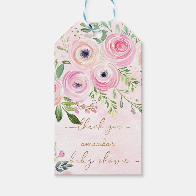 Pink Roses Baby Dusche Danke Geschenkanhänger (Vorderseite)