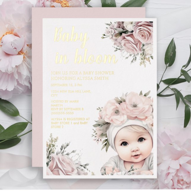 Pink Roses Baby in Bloom Girl Baby Dusche Folieneinladung (Von Creator hochgeladen)