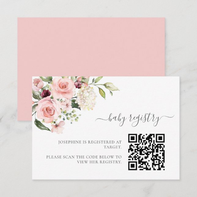Pink Roses Baby Shooting-Karte mit QR Code Begleitkarte (Vorne/Hinten)