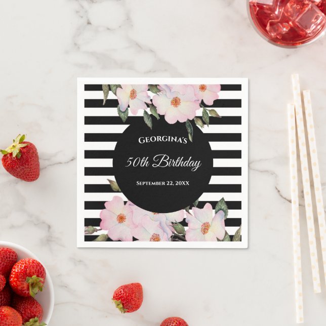 Pink Roses Ballerina Black Stripes zum 50. Geburts Serviette (Beispiel)