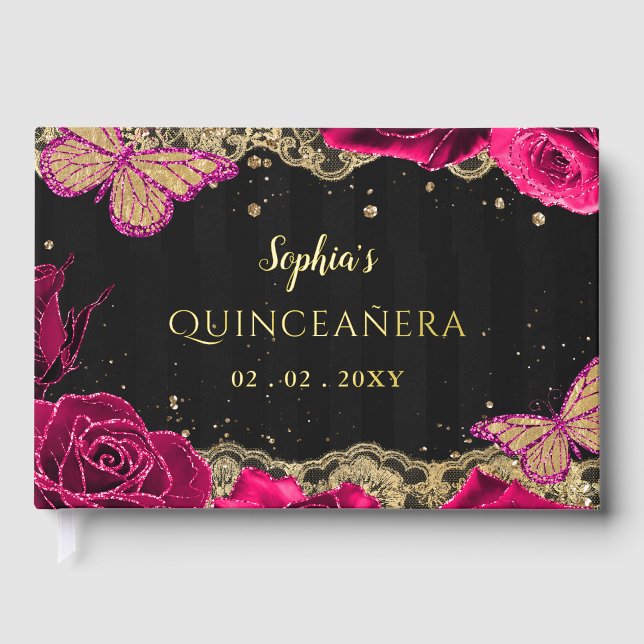 Pink Roses Black Gold Lace Butterfly Quinceañera Gästebuch (Vorderseite)