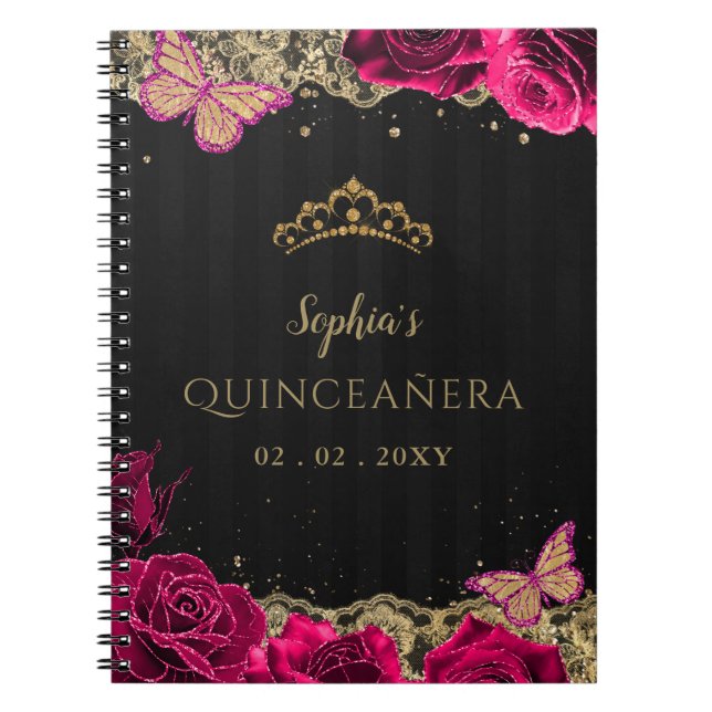 Pink Roses Black Gold Lace Quinceañera Gästebuch Notizblock (Vorderseite)