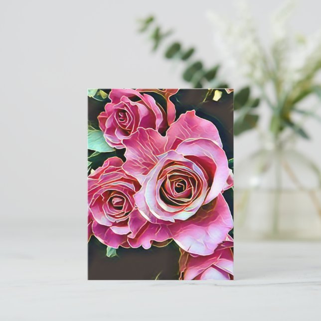 PINK ROSES BLUME POSTKARTE (Stehend Vorderseite)