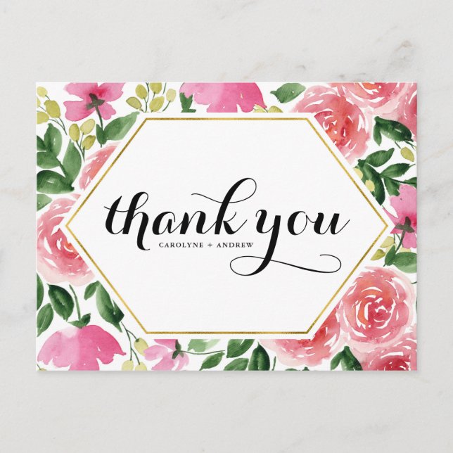 Pink Roses Blumenrahmen Hochzeit Vielen Dank Postkarte (Vorderseite)