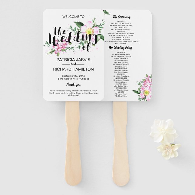 Pink Roses Boho Blumenwasser Hochzeitsprogramm Fächer (Vorne und Hinten)