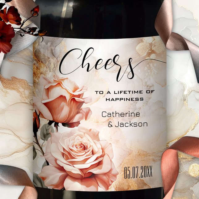 Pink Roses Boho Glam Wedding Weinetikett (An elegant wedding wine label featuring pink roses on a veined artistic background)