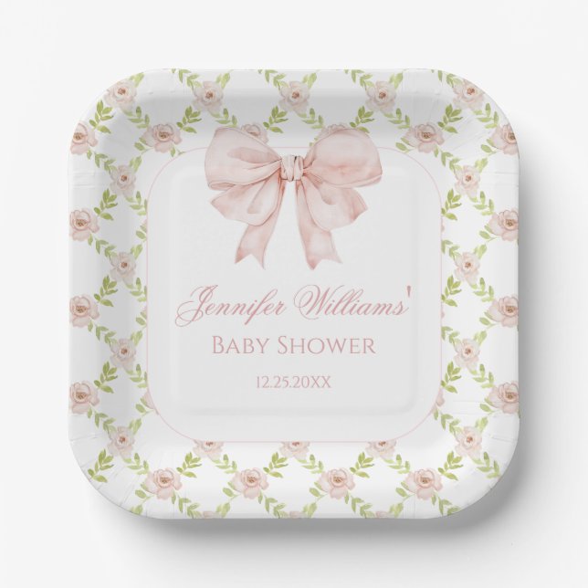 Pink Roses Bow Floral Sweet Baby Girl Dusche Pappteller (Vorderseite)