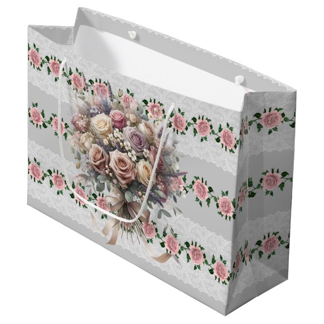 Pink Roses Bridal Bouquet Große Geschenktüte (Vorderseite Schrägansicht)