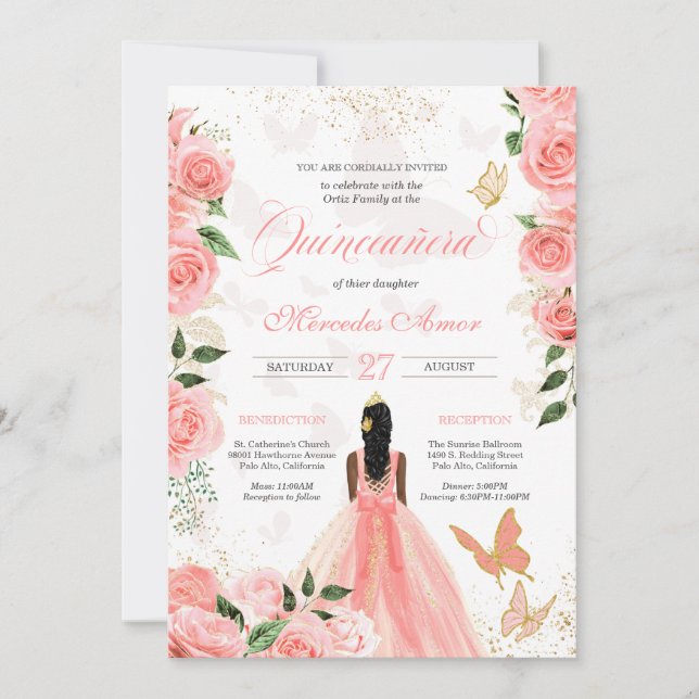 Pink Roses Butterfly Mariposa Quinceanera Einladung (Vorderseite)