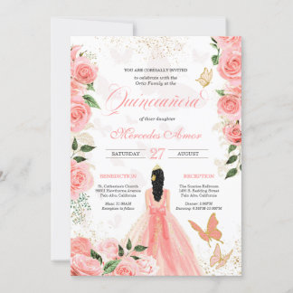 Pink Roses Butterfly Mariposa Quinceanera Floral Einladung
