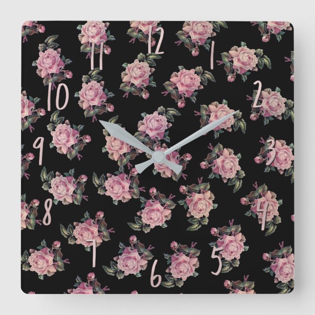 Pink Roses Dark Floral Pattern Shabby Chic Quadratische Wanduhr (Vorderseite)