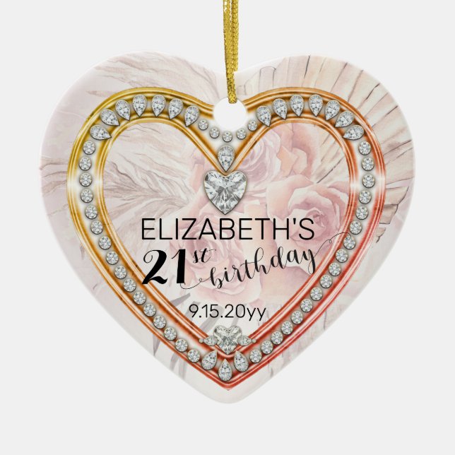 Pink Roses |Diamonds 21st Birthday Keepsake Orname Keramik Ornament (Vorne)