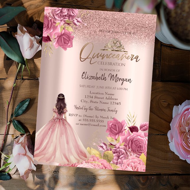 Pink Roses Dress Glitter Rose Gold  Quinceañera Einladung (Von Creator hochgeladen)