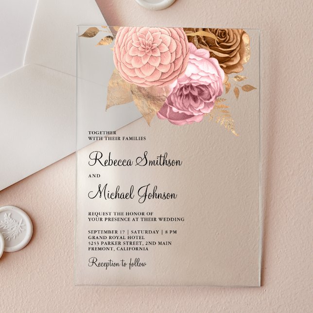Pink Roses Earthy Floral Wedding Acryleinladungen (Von Creator hochgeladen)