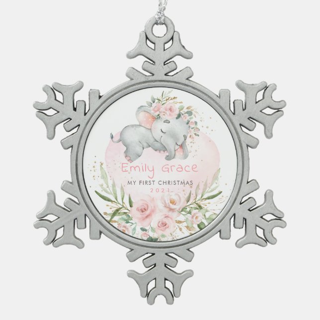 Pink Roses Elephant Baby 1. Weihnachten Schneeflocken Zinn-Ornament (Vorderseite)