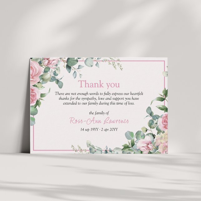 Pink roses eucalyptus leaves floral frame funeral dankeskarte (pink roses border floral thank you funeral card)