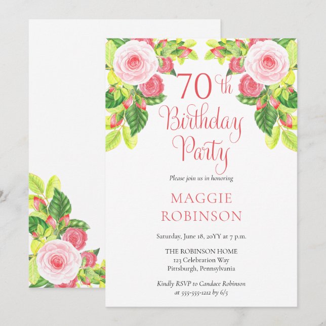 Pink Roses Floral 70th Birthday Party  Einladung (Vorne/Hinten)