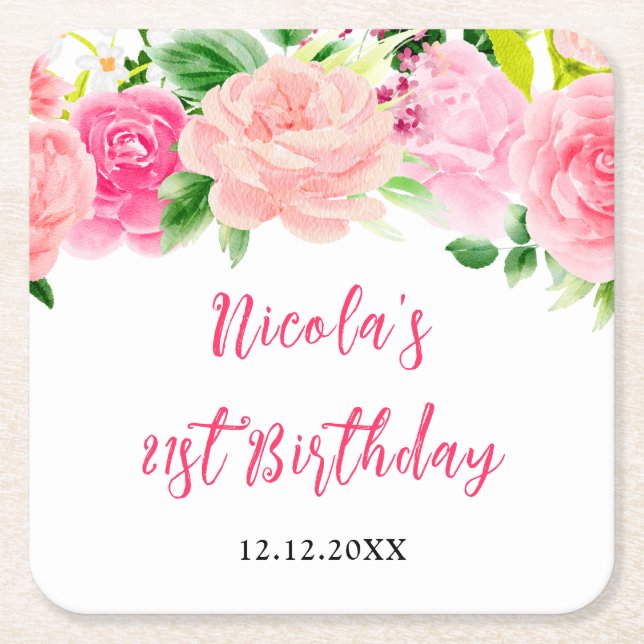 Pink Roses Floral Birthday Rechteckiger Pappuntersetzer (Vorderseite)